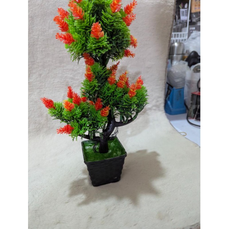Picture of Realistic Artificial Tiered Bonsai Pine Tree with Vibrant Orange Cone Flowers and Black Textured Decorative Pot for Home Office Tabletop-Multicolor