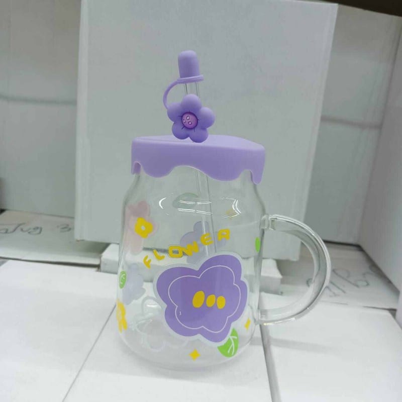 Picture of Stylish & Lightweight 400ml Borosilicate Glass Juice Mug | Printed Multi-Color Jar with Handle | Glass Straw & Silicone Cap-purple