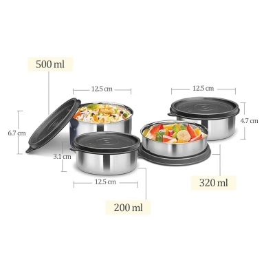 Picture of Milton Tasty 4 Stainless Steel Lunch Box with bag, Red 3 in 1. 200,320 & 500 ml-Red