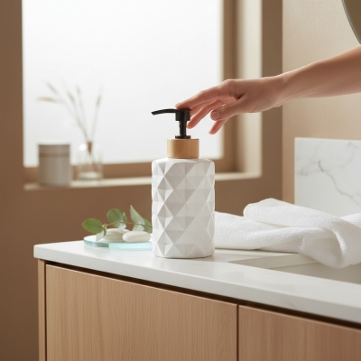 Picture of Premium white ceramic refillable soap dispenser for bathroom or kitchen sink use featuring a durable pump mechanism perfect for holding liquid hand soap and lotions in your modern home decor setup today.-white