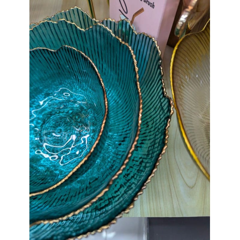 Picture of Premium 3-Piece Golden Rim Glass Serving Bowl Set Featuring Elegant Petal Shaped Flower Design, Vibrant Teal Blue Crystal Glass, and Decorative Wavy Ribbed Texture for Stylish Salads, Fruits, Desserts, and Luxury Table Decor-Multicolor