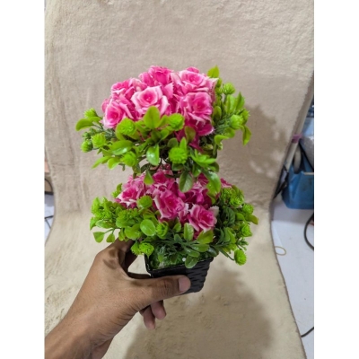 Picture of Premium Two-Tier Pink Artificial Rose Bonsai Tree in Black Decorative Pot for Home and Office Table Decor-Multicolor
