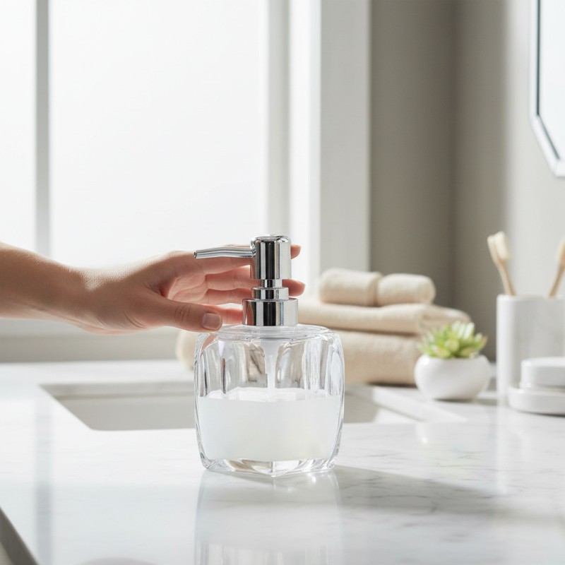 Picture of Premium Marsella white solid acrylic soap dispenser featuring a sleek chrome-finished pump mechanism perfect for enhancing your bathroom vanity decor or modern kitchen sink countertop with a sophisticated and durable touch.-white