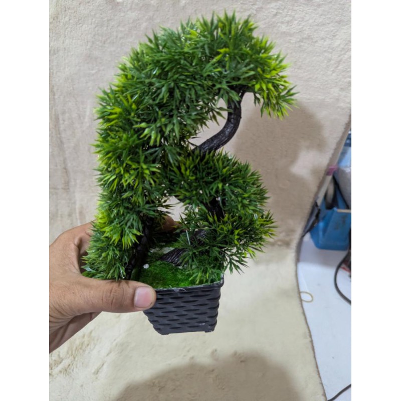 Picture of 10-Inch Green Artificial Bonsai Tree with Unique Elephant Trunk Design in a Stylish Black Plastic Vase-Green