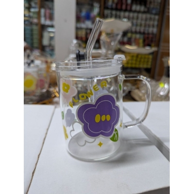 Picture of Floral Design Premium Glass Jar Mug with Handle, Airtight Leak-Proof Lid, and Reusable Straw for Coffee, Milkshakes, Juice, or Water; Elegant Heat-Resistant Borosilicate Drinkware Container Perfect for StylishDecor and Gift.-Multicolor