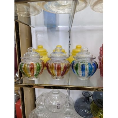 Picture of Set of 3 Multicolor Glass Storage Jars with Airtight Lids for Kitchen Countertop Organization Decorative Candy Dishes Ribbon Striped Clear Glass Canisters for Bulk Food Sugar Spices Flour and Snacks.-Multicolor