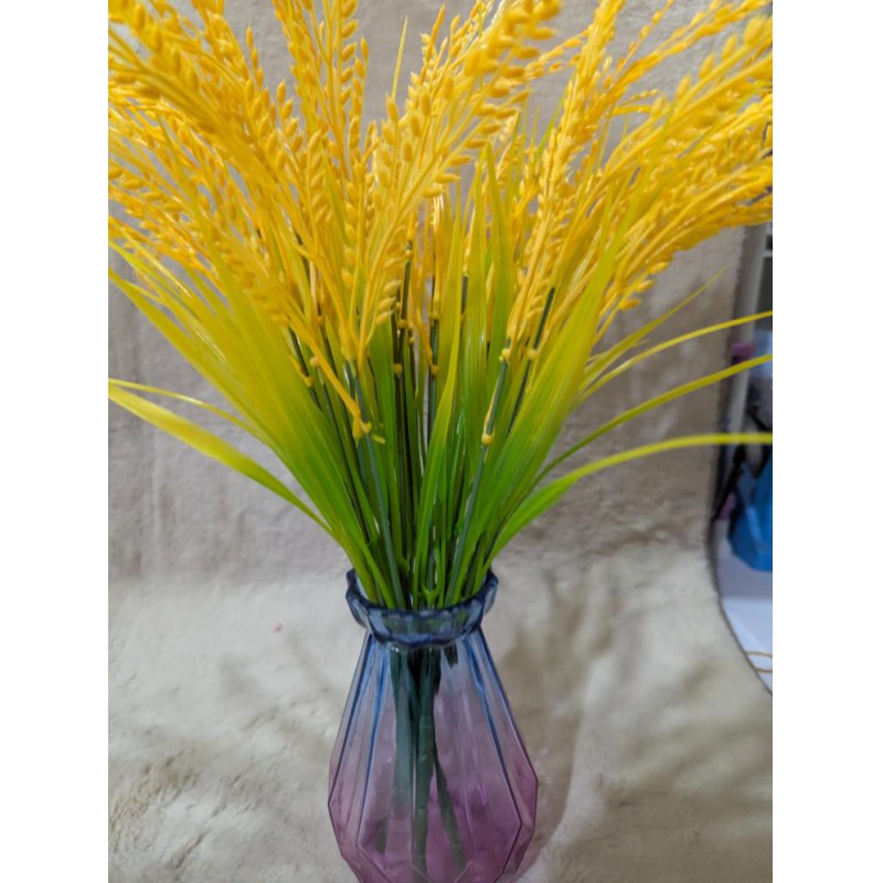 Picture of Artificial Golden Rice Ears and Wheat Stalks in Decorative Glass Vase for Rustic Home and Wedding Decor-Yellow