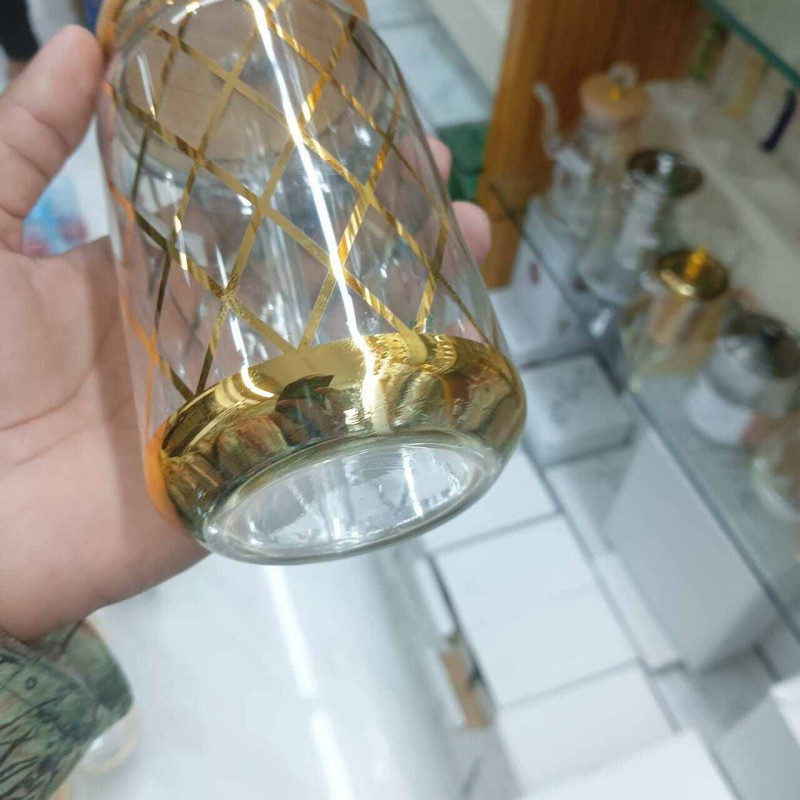 Picture of Modern Printed Can Shaped Glass – 1Pc 400ml Borosilicate Glass with Bamboo Lid & Glass Straw – Lightweight, Durable, Scratch Resistant & Microwave Safe – Perfect for Cold Beverages-Golden