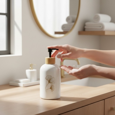 Picture of Elegant white ceramic soap dispenser featuring a luxury gold-toned ginkgo leaf design and a stylish wood-look top with a durable black pump perfect for enhancing your modern bathroom vanity or kitchen sink.-white