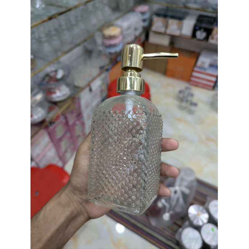 Picture of Elegant 400ml Clear Vintage Embossed Bobble Glass Liquid Soap Dispenser with Rust-Proof Gold Pump for Modern Bathroom Vanity, Kitchen Countertop, Refillable Hand Soap, Dish Soap, Essential Oils, and Luxury Lotion Storage Solutions.-Multicolor