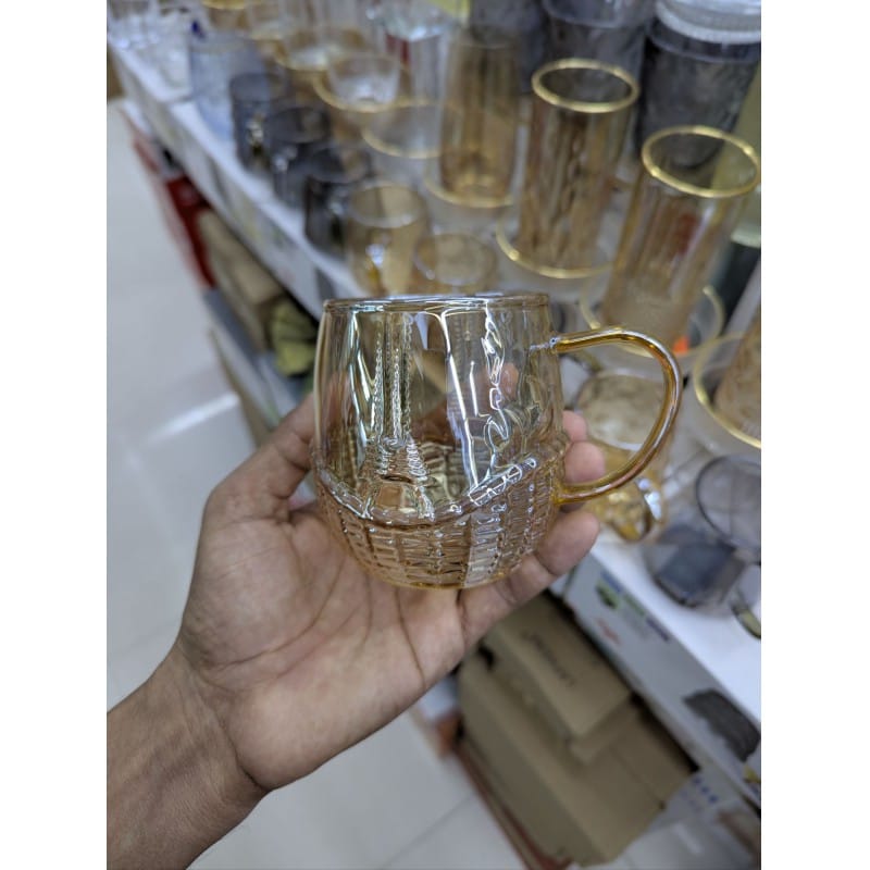 Picture of Premium Borosilicate Amber Glass Coffee Mug, Heat-Resistant, 400ml Capacity, European Style with Elegant Gold Handle & Eiffel Tower Graphic, Ideal for Hot & Cold Beverages, Tea, Juice, Milk-Gold