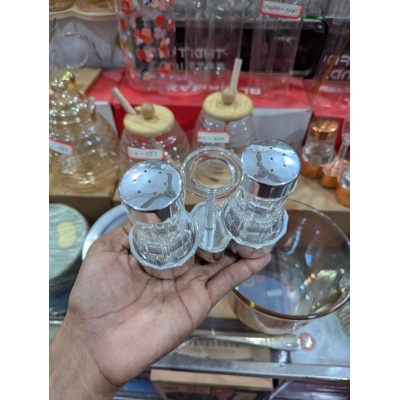 Picture of Premium Clear Acrylic Salt and Pepper Shaker Set with Chrome Finished Lids and Portable Ring Handle Stand, Elegant Transparent Condiment Dispenser Caddy for Home Kitchen Dining Table and Professional Restaurant Tableware.-Multicolor