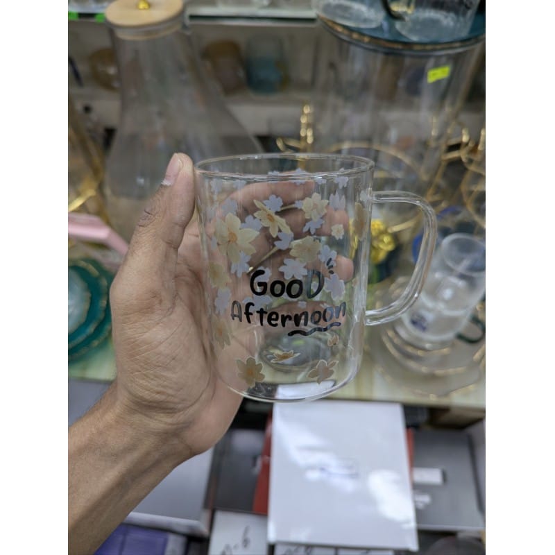 Picture of Premium Floral Borosilicate Glass Coffee Mug with Good Afternoon Print, Heat Resistant Tea Cup for Home and Office Use, Durable and Lightweight Glassware for Hot or Cold Drinks, Perfect Gift Idea.-Multicolor