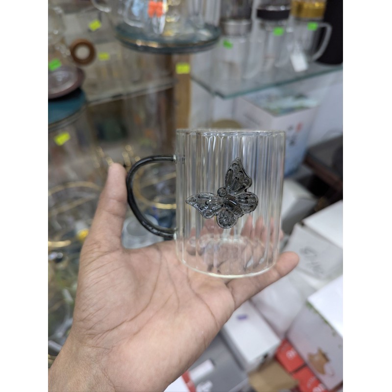 Picture of Premium 3D Butterfly Striped Borosilicate Glass Mug with Creative Colored Handle and Heat-Resistant Design for Coffee, Tea, Milk, Juice - Perfect Gift Idea for Home, Office, Wedding, and Birthdays (400ml Capacity).-Multicolor