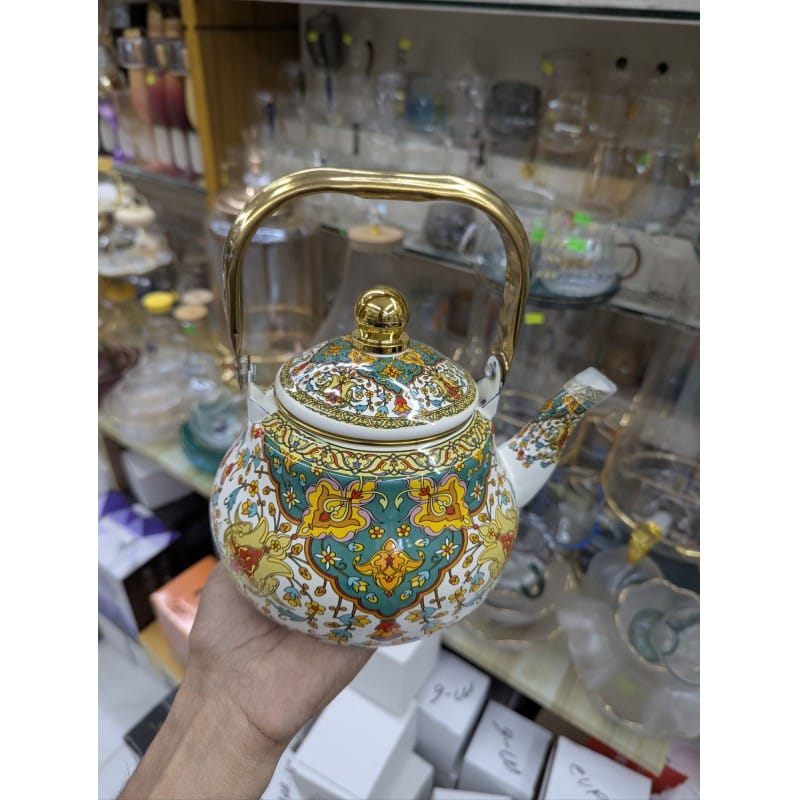 Picture of Premium Floral Enamel Tea Kettle with Vintage Gold Handle, 2.5L Capacity, Bohemian Style Porcelain on Steel Stovetop Teapot for Induction, Gas, Electric Stoves, Durable Non-Toxic Decorative Kitchenware for Modern Homes.-Multicolor