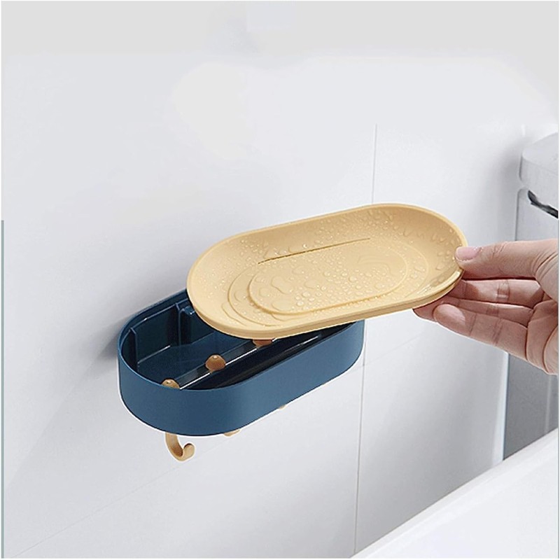 Picture of Multifunctional Wall Mounted Soap Box with Hooks for Bathroom and Kitchen Storage Waterproof Self Draining Soap Dish Holder No Drill Suction Cup Soap Tray Rack for Shower Sponge Scrubber Razor Holder-Multicolor