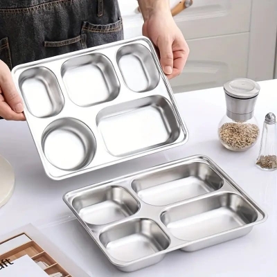 Picture of 1pcs Heavy-Duty Commercial Stainless Steel Five-Compartment Food Tray -weight lid, Large Restaurant Plate for Catering, School Cafeteria, Party, Home Kitchen - Ideal for Pasta, Meat, Vegetables, Desserts - Easy-Clean & Space-Saving Design, Catering Essent-Silver