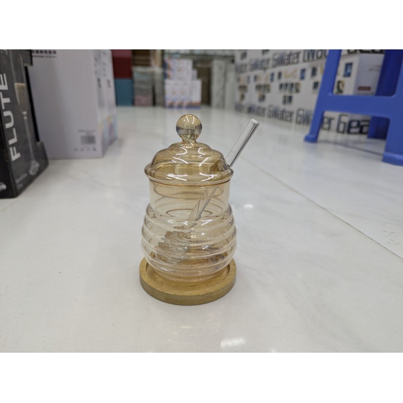 Picture of Elegant Glass Honey Pot with Integrated Dipper & Glass Lid-Gold