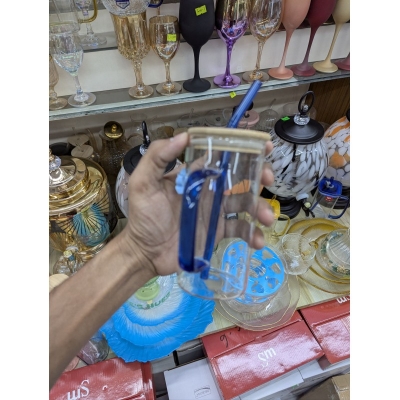 Picture of Premium Borosilicate Glass Pookie Mug with Blue Handle and Matching Glass Straw Featuring Elegant Blue Flower Charm and Eco Friendly Bamboo Lid with Airtight Silicone Seal for Hot or Cold Beverages.-Multicolor