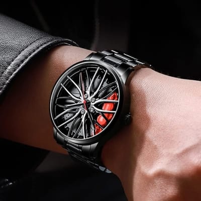 Picture of Luxury Men's Car Wheel Rim Hub Watch Featuring 3D Hollow Spinning Dial Design Japanese Quartz Movement Stainless Steel Waterproof Chronograph Sports Wristwatch Perfect Gift for Automotive Enthusiasts Racing Fans and Car Lovers.-Black