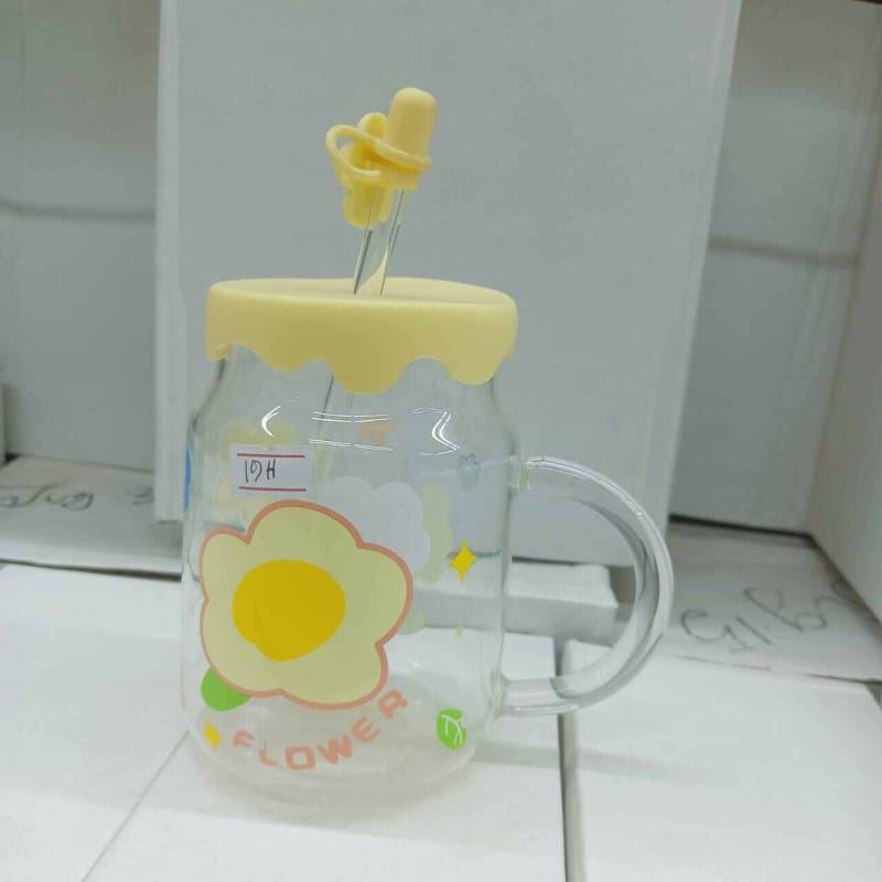 Picture of Multi-Color Borosilicate Glass Juice Mug | 400ml Printed Jar with Handle | Glass Straw & Silicone Cap | Scratch & Heat Resistant-Yellow