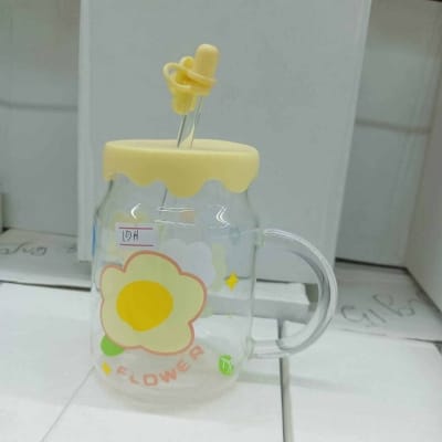 Picture of Multi-Color Borosilicate Glass Juice Mug | 400ml Printed Jar with Handle | Glass Straw & Silicone Cap | Scratch & Heat Resistant-Yellow
