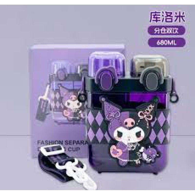 Picture of Hello Kitty Double Drink Plastic Water Cup Large 680ml Cartoon Square Straw Cup for Kids Cute Kawaii Style Durable Food Grade Material Portable Travel Water Bottle Birthday Gift Random Color-purple