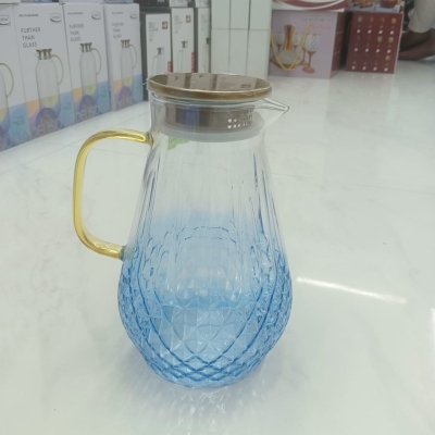 Picture of Direct Fire Compatible Borosilicate Glass Teapot, Rustic Steel Lid Cold-Hammered Jug for Drinks, Lightweight 10g, 20x20 cm-Blue-blue