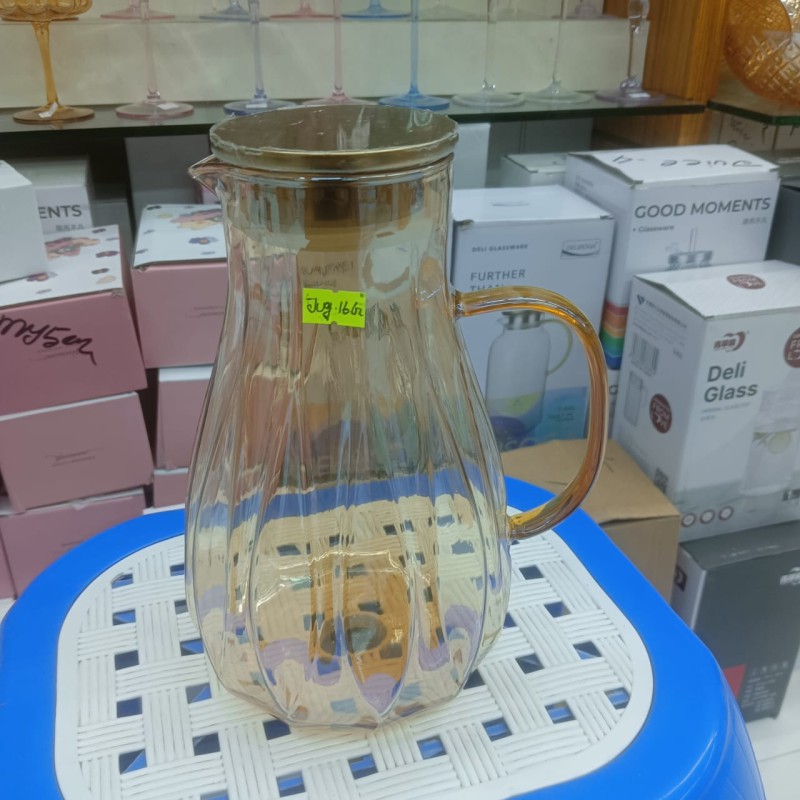 Picture of Classic Round Glass Water Pitcher with Stainless Steel Lid, Heat Resistant 2-Litre Beverage Carafe for Hot and Cold Drinks, BPA-Free Anti-Corrosion Kettle with Handle, Dishwasher Safe Elegant Modern Style-golden
