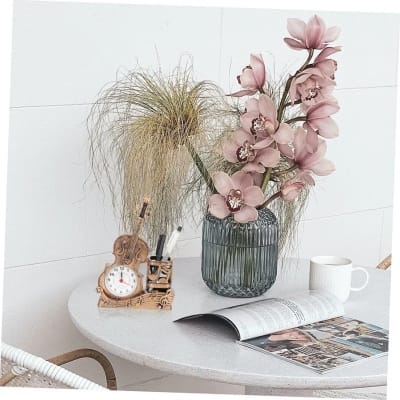 Picture of Antique Style Violin Shaped Analog Alarm Clock with Integrated Pen Holder for Students Desk Office Table Decoration Elegant Musical Instrument Theme Desktop Organizer Showpiece for Creative Home Interior Decor Gift Idea.-Multicolor