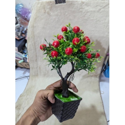 Picture of Decorative Artificial Potted Bonsai Fruit Tree with Realistic Red Apples and Green Foliage for Home and Office Tabletop Decor-Multicolor