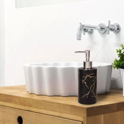 Picture of Glass Soap Dispenser Pump Bottle Press Design Refillable Lotion and Shampoo Container for Bathroom and Kitchen Marble Pattern Hand Soap Dispenser Easy to Fill and Operate 320 ml black-Black