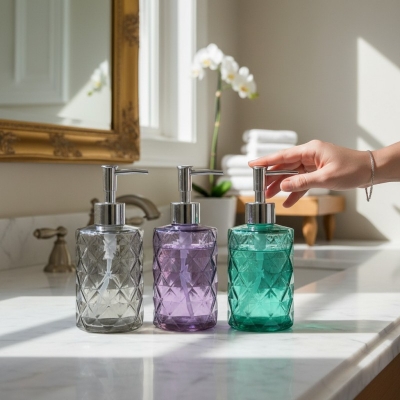 Picture of Elegant glass soap dispenser featuring a geometric diamond design in multiple colors with a premium silver-toned pump perfect for enhancing your bathroom vanity decor or modern kitchen sink countertop with style today.-Multicolor