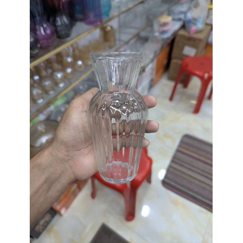Picture of Elegant Ribbed Glass Flower Vase with Fluted Design for Home Decoration, Modern Clear Bud Vase for Wedding Centerpieces and Tabletop Floral Arrangements, High-Quality Minimalist Han-Multicolor