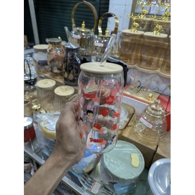Picture of Official Fujiya Peko-chan Can Shaped Glass Tumbler Featuring Aesthetic Strawberry Graphics, Complete with Sustainable Bamboo Lid and Reusable Clear Glass Straw, Ideal 16oz Drinking Jar for Iced Coffee and Fruit Smoothies.-Multicolor