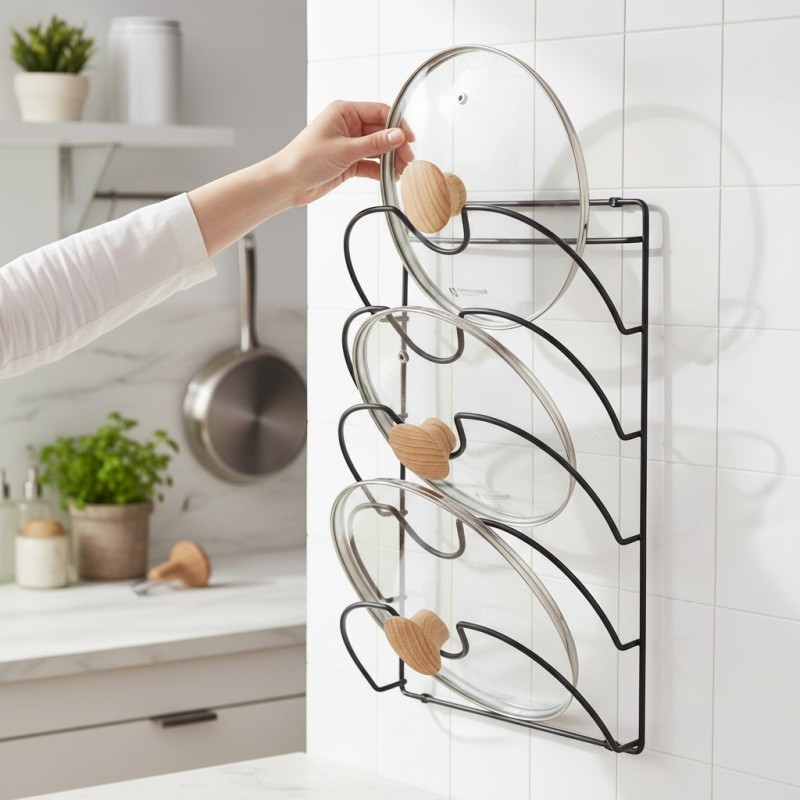 Picture of Metal Wire Wall Mount Kitchen Cabinet Lid Rack and Pot Pan Cover Holder Organizer for Pantry Storage Space-Saving Vertical Lid Hanger for Organized Cookware and Durable Bakeware Storage Solution System-Black