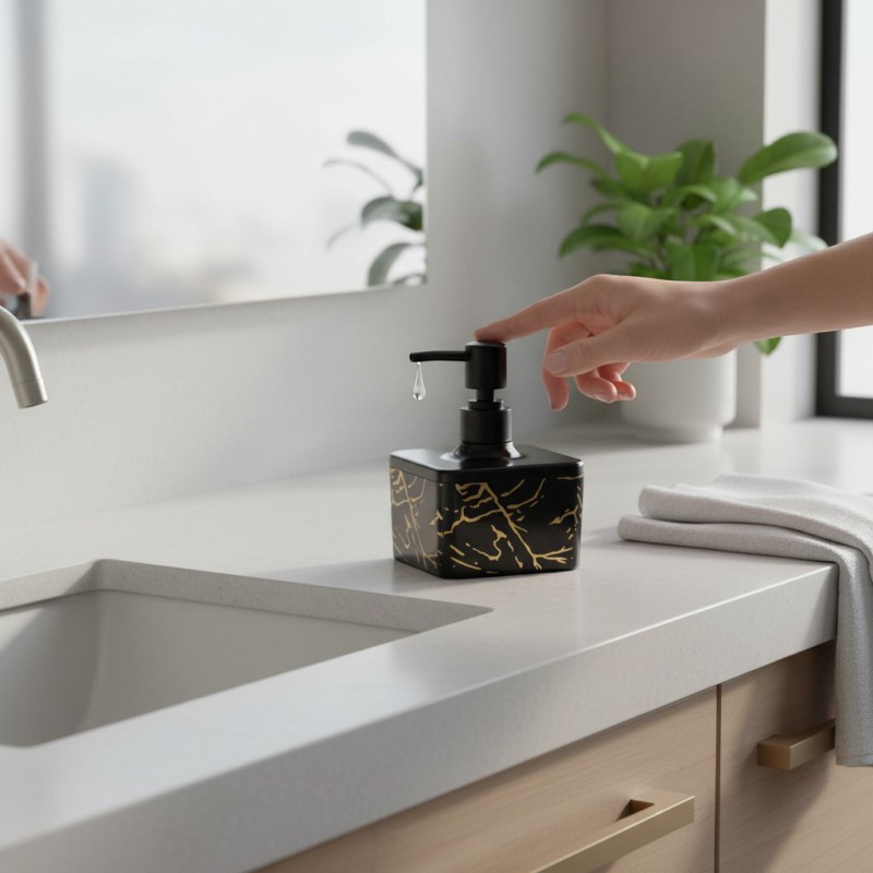 Picture of Luxury Black glass liquid soap dispenser featuring a premium gold-colored pump and decorative SOAP gold lettering perfect for enhancing your bathroom vanity decor or modern kitchen sink countertop with elegant style.-black
