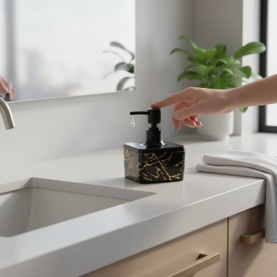 Picture of Luxury Black glass liquid soap dispenser featuring a premium gold-colored pump and decorative SOAP gold lettering perfect for enhancing your bathroom vanity decor or modern kitchen sink countertop with elegant style.-black