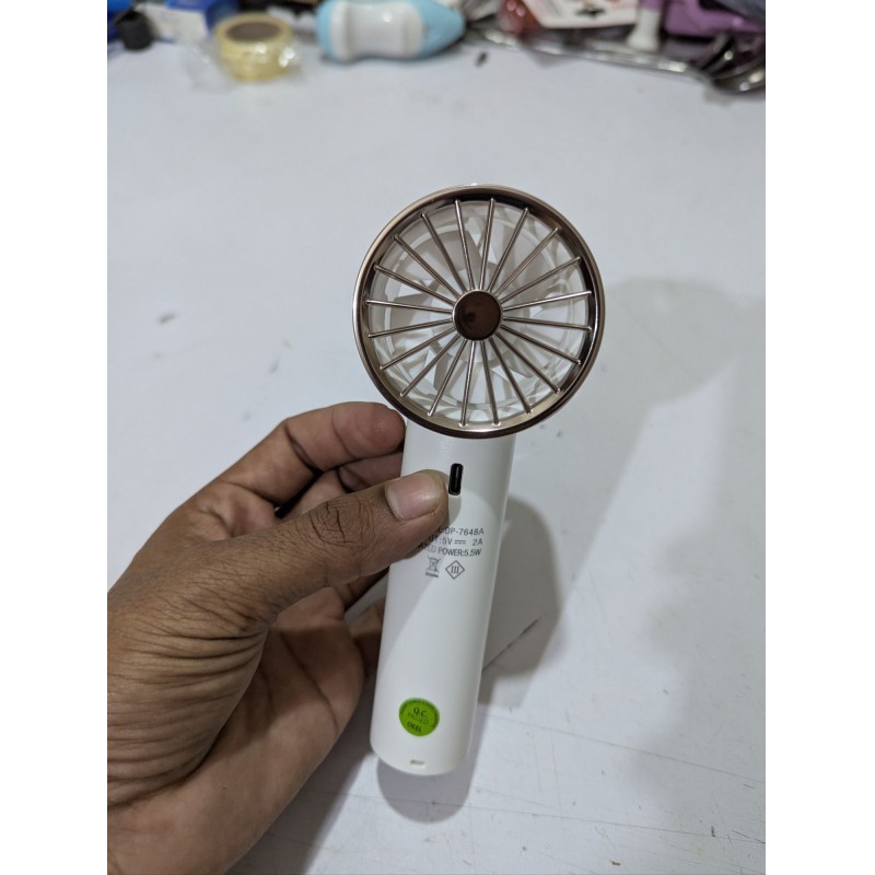Picture of Duration Power DP-7648A Handheld High-Speed Fan White 2000mAh Rechargeable Battery Portable Cooling Solution for Outdoor Travel Summer Essentials Three Speed Adjustable Turbo Airflow with Type-C Charging Cable and Standing Desktop Base.-Multicolor