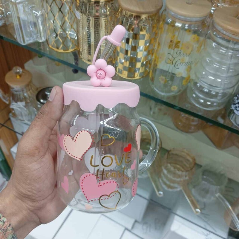 Picture of Borosilicate Glass Jar with Handle & Glass Straw | 400ml Juice Mug | Printed Body | Multi-Color | Juice & Water Drinking Glass with Silicone Cap-Pink