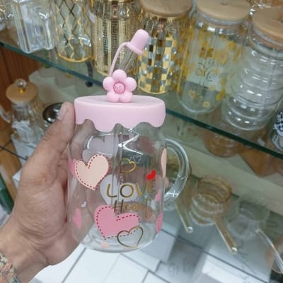 Picture of Borosilicate Glass Jar with Handle & Glass Straw | 400ml Juice Mug | Printed Body | Multi-Color | Juice & Water Drinking Glass with Silicone Cap-Pink