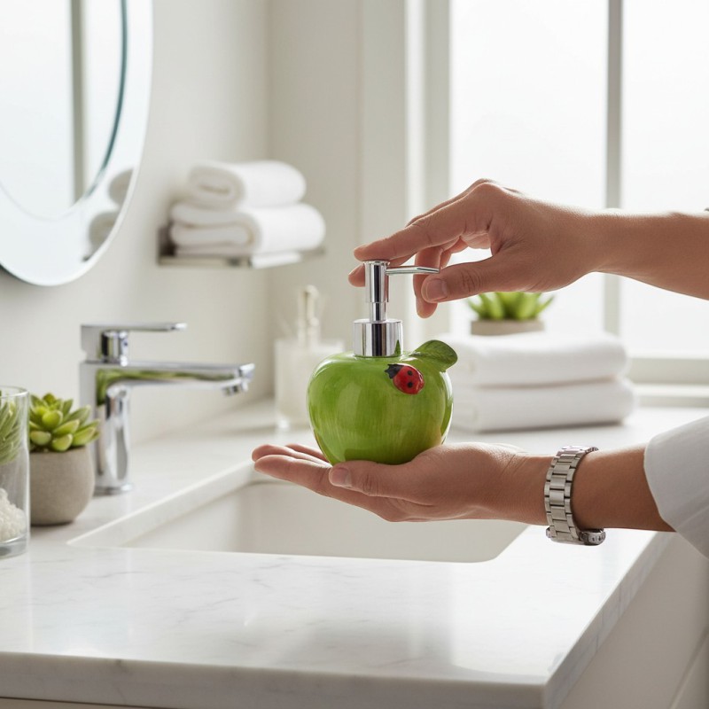 Picture of Premium green apple-shaped ceramic soap dispenser for bathroom vanity decor featuring a durable rust-proof pump and refillable liquid hand soap container designed to add a stylish touch to your modern kitchen sink.-Green