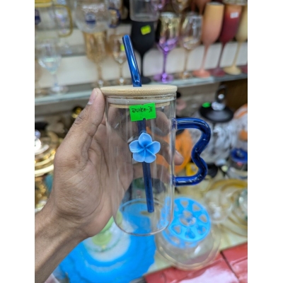 Picture of Premium Clear Square Glass Cup featuring Aesthetic Blue Wavy Handle with Natural Bamboo Lid and Matching Glass Straw, High Borosilicate Heat Resistant Transparent Drinking Mug for Iced Coffee, Juice, and Milk.-Multicolor