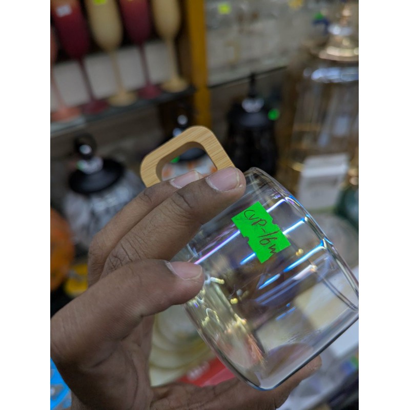 Picture of Premium Iridescent Rainbow Glass Coffee Mug crafted from high-quality borosilicate glass featuring a unique wooden handle and heat-resistant design perfect for enjoying hot tea, espresso, or cold beverages in style.-Multicolor