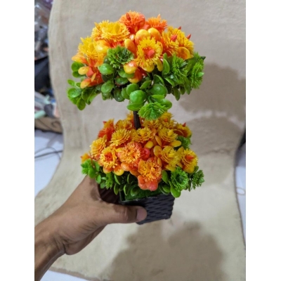 Picture of Vibrant 2-Head Artificial Flower Bonsai Tree in Black Decorative Pot for Home Office Desk and Tabletop Decor-Multicolor