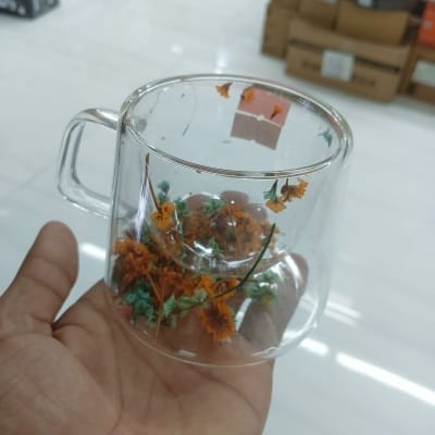 Picture of Glass Coffee Mugs | Insulated Glass Mugs with Handle | Layer Flowers Design Clear 180ml Coffee Cup for Tea Bag, Beverage, Latte, Cappuccino, Coffee-Multicolor