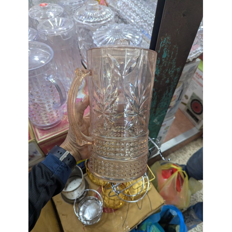 Picture of Durable Classic Crystal-Look 2L Plastic Water Jug with Lid | Premium BPA-Free Amber Beverage Pitcher for Kitchen Dining & Outdoor Entertaining | Stylish Hobnail Starburst Pattern Acrylic Design-Multicolor