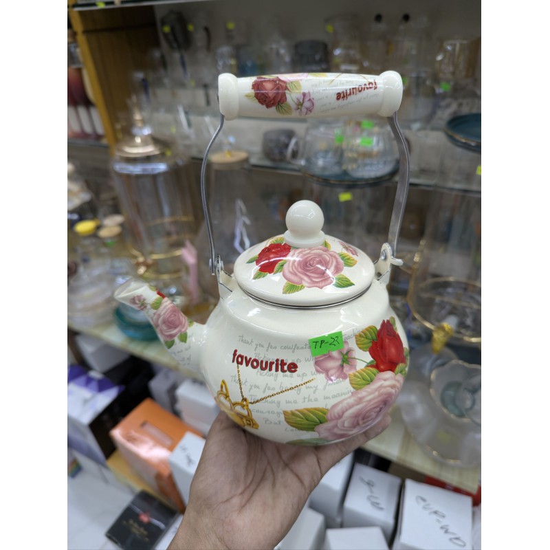 Picture of Premium Life Smile 2.5L Enamel Tea Kettle Featuring Vintage Floral Design with Heat Resistant Gold Handle for Gas and Induction Stovetops, Elegant White Porcelain Style Decorative Water Pot for Home Kitchen.-Multicolor