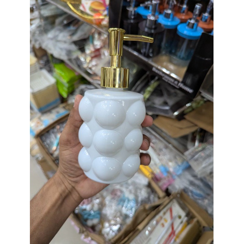 Picture of Modern Luxury White Bubble Ceramic Liquid Soap Dispenser with Elegant Gold Pump for Bathroom and Kitchen Decor, Refillable 300ml Stylish Hand Wash and Lotion Bottle for Premium Interior Aesthetics and Hygiene.-White