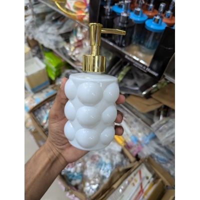 Picture of Modern Luxury White Bubble Ceramic Liquid Soap Dispenser with Elegant Gold Pump for Bathroom and Kitchen Decor, Refillable 300ml Stylish Hand Wash and Lotion Bottle for Premium Interior Aesthetics and Hygiene.-White
